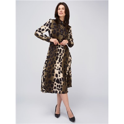 Платье с юбкой плиссе OD-883-1 леопард коричневый с хаки