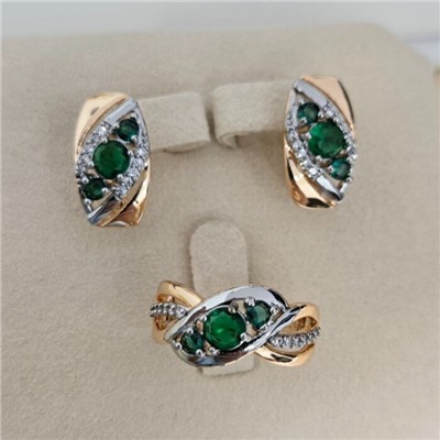 Комплект ювелирной бижутерии коллекция "Дубай" серьги и кольцо 19 р, покрытие позолота, вставка: фианиты и цирконы, цвет: зеленый и прозрачный, арт.414.618-19