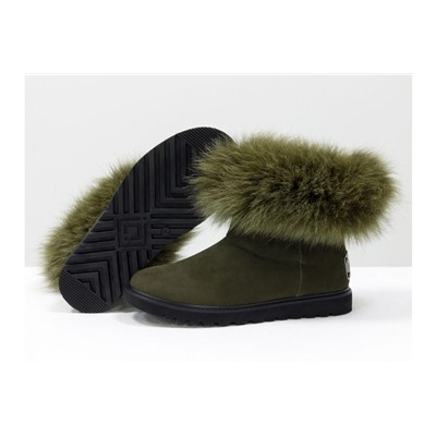 Женские ботиночки в стиле UGG из натуральной матовой кожи темно-зеленого цвета и натурального шикарного меха песца болотного цвета, коллекция Зима, Б-17113-09