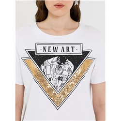 Футболка белая с принтом и пайетками