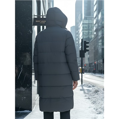 Пальто зимнее утепленное с капюшоном женское темно-серого цвета 7623TC