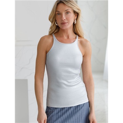 Топ с закрытым декольте из хлопка с эластаном в рубчик с матовым покрытием металлик