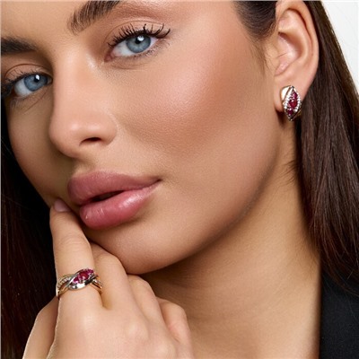 Комплект ювелирной бижутерии коллекция "Дубай" серьги и кольцо 17 р, покрытие позолота, вставка: фианиты и цирконы, цвет: малиновый и прозрачный, арт.414.614-17