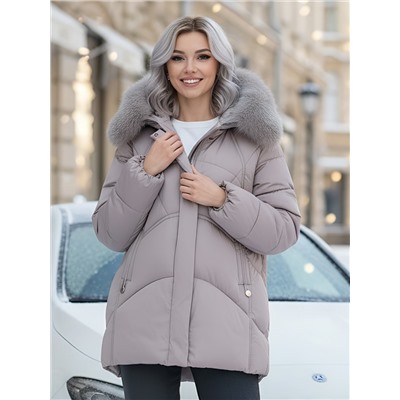 Куртка зимняя женская с мехом и капюшоном тренд светло-коричневого цвета 7656SK
