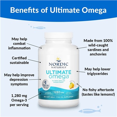 Nordic Naturals, Ultimate Omega, высокоэффективные омега-3 кислоты, со вкусом лимона, 1280 мг, 180 капсул (640 мг в 1 капсуле)