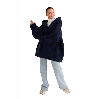 Толстовка женская из овечьей шерсти оверсайз HOT TREND (с капюшоном, цвет Индиго) цвет СИНИЙ