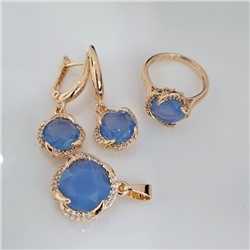 Комплект ювелирной бижутерии коллекция "Дубай" серьги, кулон и кольцо 20 р, покрытие позолота, вставка: стекло и цирконы, цвет: аквамариновый и прозрачный, арт.414.556-20