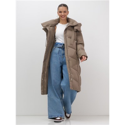Пальто зимнее утепленное с капюшоном женское светло-коричневого цвета 7748SK