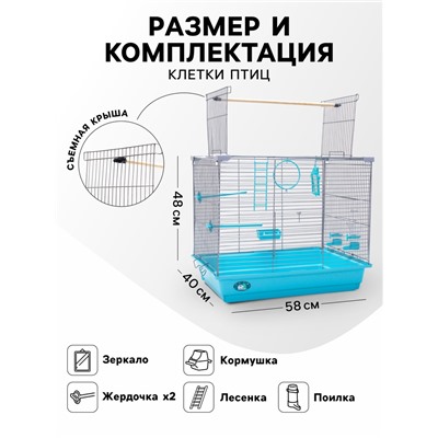 Клетка для птиц «Пижон» №104, разборная, 1 секция, 58×40×48 см, бирюзовая