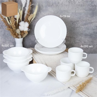 Столовый набор 12 предметов 4 персоны с кружками 250 мл  FA-XTW55 (WHITE) (уп 1)