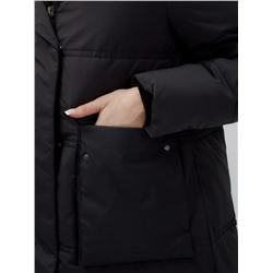 Пальто утепленное стеганное зимнее с капюшоном женское черного цвета 9602Ch