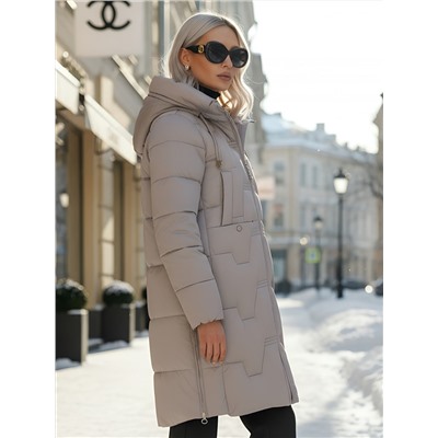 Пальто зимнее утепленное с капюшоном женское светло-коричневого цвета 7638SK