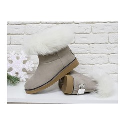 Женские ботиночки в стиле UGG из натуральной замши бежевого цвета и натурального шикарного меха песца, коллекция , Б-17113