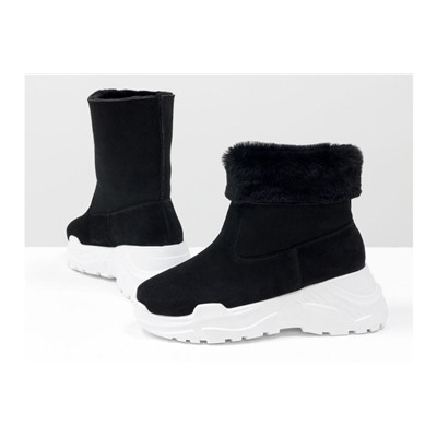 Яркие женские ботинки, типа UGG, из натуральной замши и меха овечки черного цвета, на современной высокой платформе белого цвета, Б-19120-01