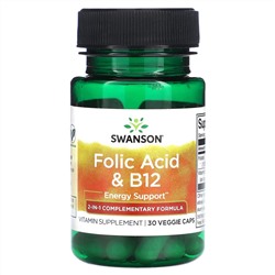 Swanson, Фолиевая кислота и витамин B12, 30 растительных капсул