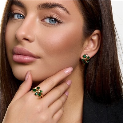 Комплект ювелирной бижутерии коллекция "Дубай" серьги и кольцо 19 р, покрытие позолота, вставка: фианиты, цвет: зеленый, арт.414.592-19