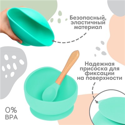 Тарелка Крошка Я на присоске, ложка, из силикона, бирюзовый