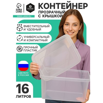 Ящик пластиковый для хранения, с крышкой, объём — 16 л, прозрачно-матовый