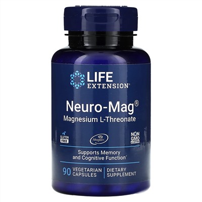 Life Extension, Neuro-Mag, L-треонат магния, 144 мг, 90 вегетарианских капсул (48 мг в 1 капсуле)