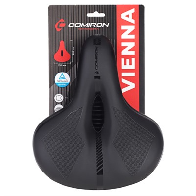 Седло велосипедное комфортное COMIRON VIENNA C029 250x210, Технологии: SLOW FOAM, DW, ED. Эластомер, Верх: PU с пресс. принтом, Цвет: Чёрный /уп 20/