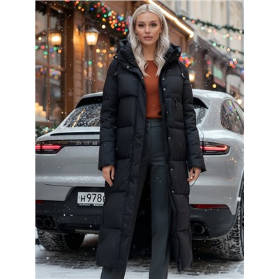 Пальто утепленное стеганное зимнее с капюшоном женское черного цвета 9611Ch