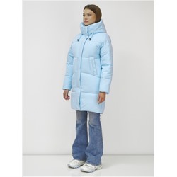 Куртка зимняя женская с капюшоном удлиненная стеганная голубого цвета 9637Gl