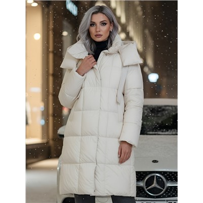 Пальто зимнее утепленное с капюшоном женское бежевого цвета 7700B