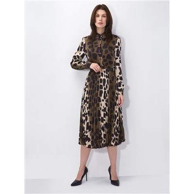 Платье с юбкой плиссе OD-883-1 леопард коричневый с хаки