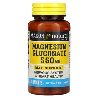 Mason Natural, глюконат магния, 550 мг, 100 таблеток