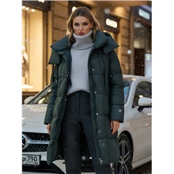 Пальто зимнее утепленное с капюшоном женское темно-серого цвета 7700TC