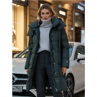 Пальто зимнее утепленное с капюшоном женское темно-серого цвета 7700TC