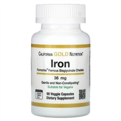 California Gold Nutrition, Ferrochel, железо (бисглицинат), 36 мг, 90 растительных капсул