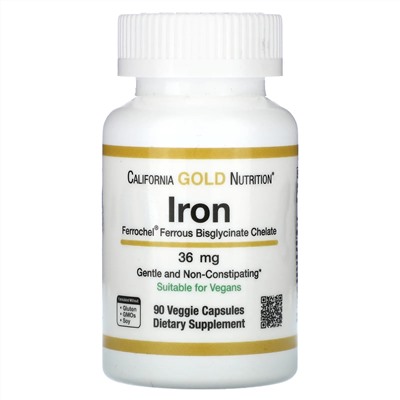 California Gold Nutrition, Ferrochel, железо (бисглицинат), 36 мг, 90 растительных капсул