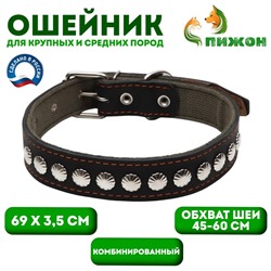 Ошейник комбинированный кожа/брезент, 69 х 3,5 см, украшенный, ОШ 45-60 см, чёрный