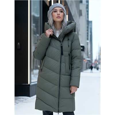 Пальто зимнее утепленное с капюшоном женское цвета хаки 1318Kh