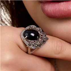 Кольцо 19 р ювелирная бижутерия коллекция "Дубай", покрытие посеребрение, вставка: пластик и марказиты, цвет: черный и графитовый, арт.414.748-19