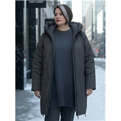 Пальто зимнее утепленное женское большого размера темно-серого цвета 7699TC