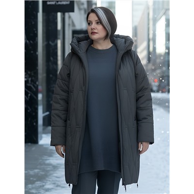 Пальто зимнее утепленное женское большого размера темно-серого цвета 7699TC