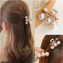 Мини-краб для волос металлический с жемчужными бусинами и стразами, 4 см.