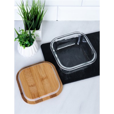 Контейнер квадратный крышка бамбук 500 мл стекло  / K500 /уп 36/