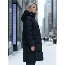 Пальто зимнее утепленное с капюшоном женское черного цвета 7741Ch