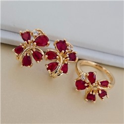 Комплект ювелирной бижутерии коллекция "Дубай" серьги и кольцо 19 р, покрытие позолота, вставка: фианиты, цвет: красный, арт.414.590-19