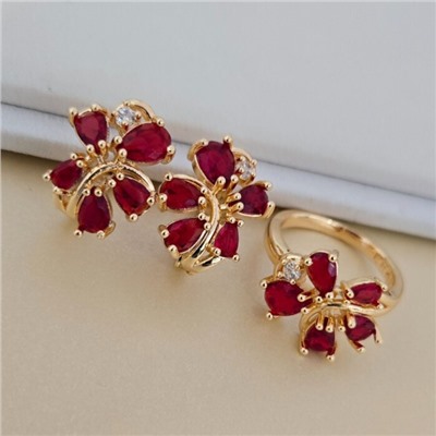 Комплект ювелирной бижутерии коллекция "Дубай" серьги и кольцо 19 р, покрытие позолота, вставка: фианиты, цвет: красный, арт.414.590-19