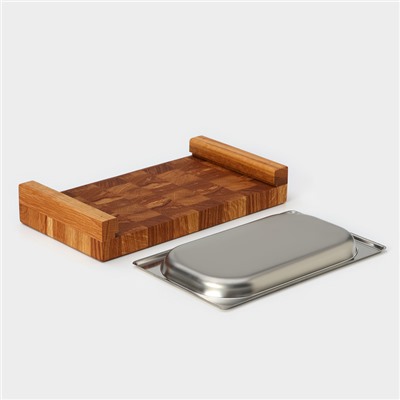 Доска разделочная деревянная торцевая Magistro, с металлической гастроемкостью, 30.5×16.5×5 см, в крафтовой коробке, дуб