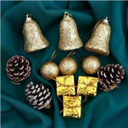 Ёлочные игрушки, пластик, набор 12 шт "Сочельник" (3 шишки, 3 подарка, 3 шара, 3 колокольчиков) МИКС
