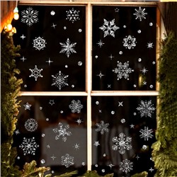 Наклейки на окна "Снежинки БЛЕСТЯЩИЕ" с серебряным глиттером 110 элементов 4 листа 20*30 см. Многоразовые, Без клея (Статические) BQ015