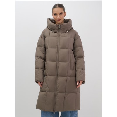 Пальто зимнее утепленное с капюшоном женское светло-коричневого цвета 7741SK