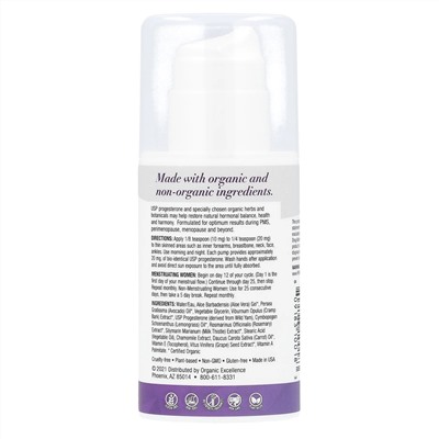 Organic Excellence, Feminine Balance Therapy, крем с биоидентичным прогестероном USP, 100 г (3,3 жидк. унции)