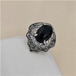 Кольцо 19 р ювелирная бижутерия коллекция "Дубай", покрытие посеребрение, вставка: пластик и марказиты, цвет: черный и графитовый, арт.414.748-19