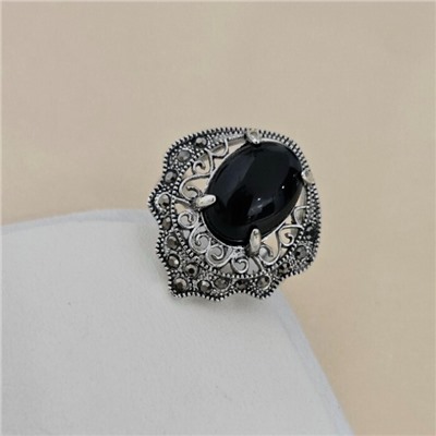 Кольцо 20 р ювелирная бижутерия коллекция "Дубай", покрытие посеребрение, вставка: пластик и марказиты, цвет: черный и графитовый, арт.414.748-20